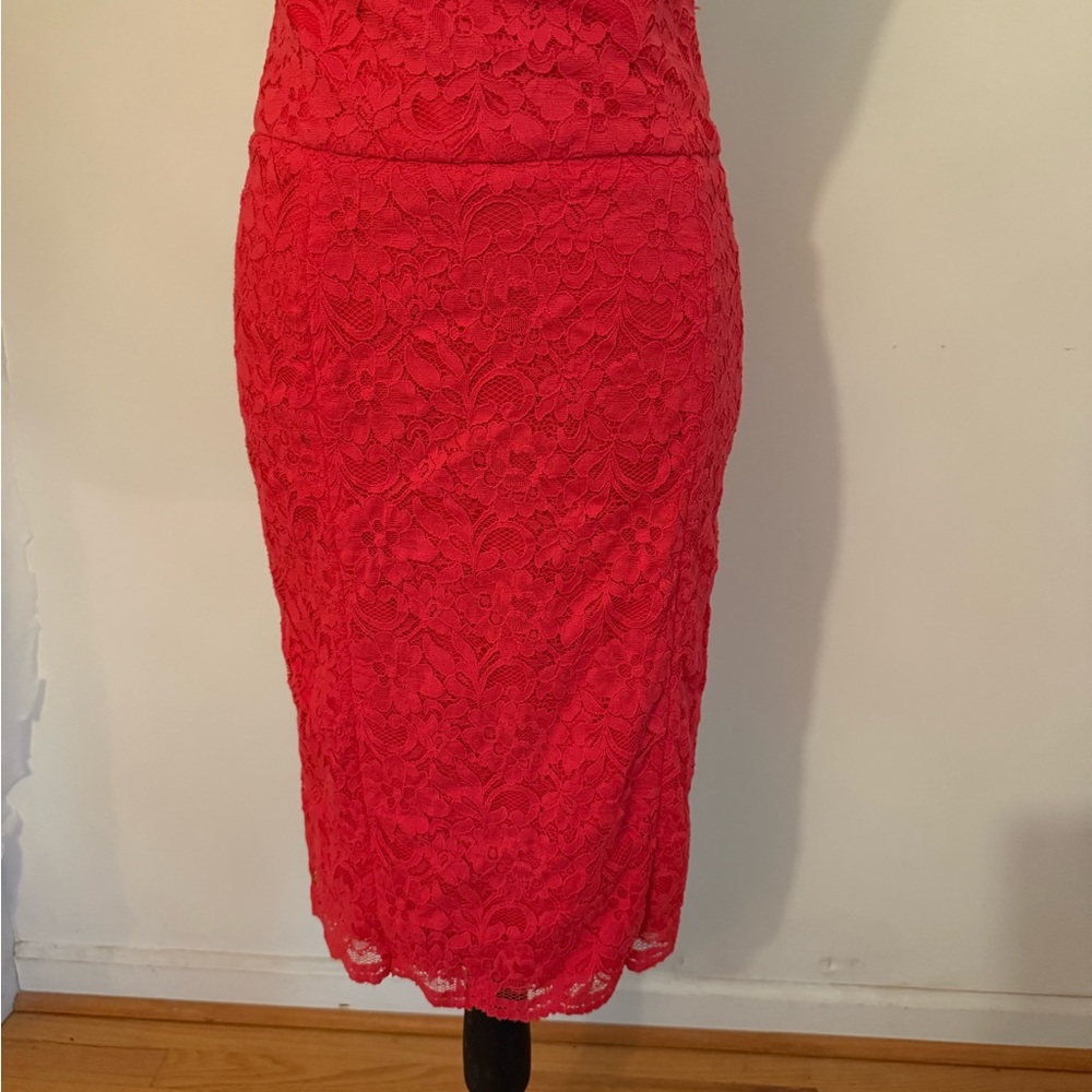 Express Red-Orange Lace Midi Pencil Skirt